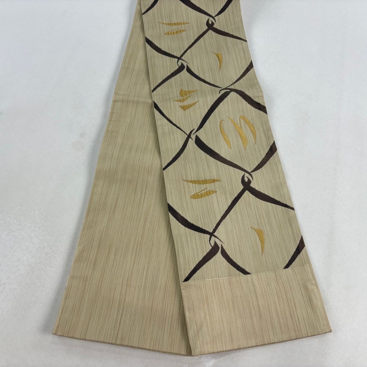 半幅帯 秀品 証紙 博多織 幾何学模様 薄茶色 正絹