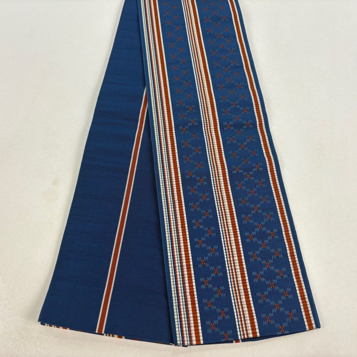 半幅帯 優品 縞 幾何学模様 藍色 正絹