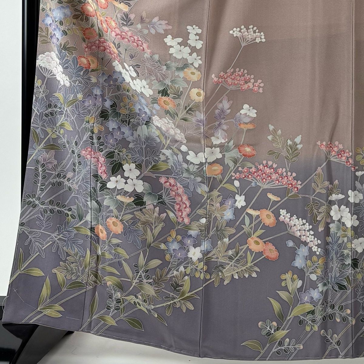 訪問着 身丈165 5 cm 裄丈66 M 袷 袋帯セット 落款 草花 染め分け ぼかし 灰紫 正絹 名品 一つ紋