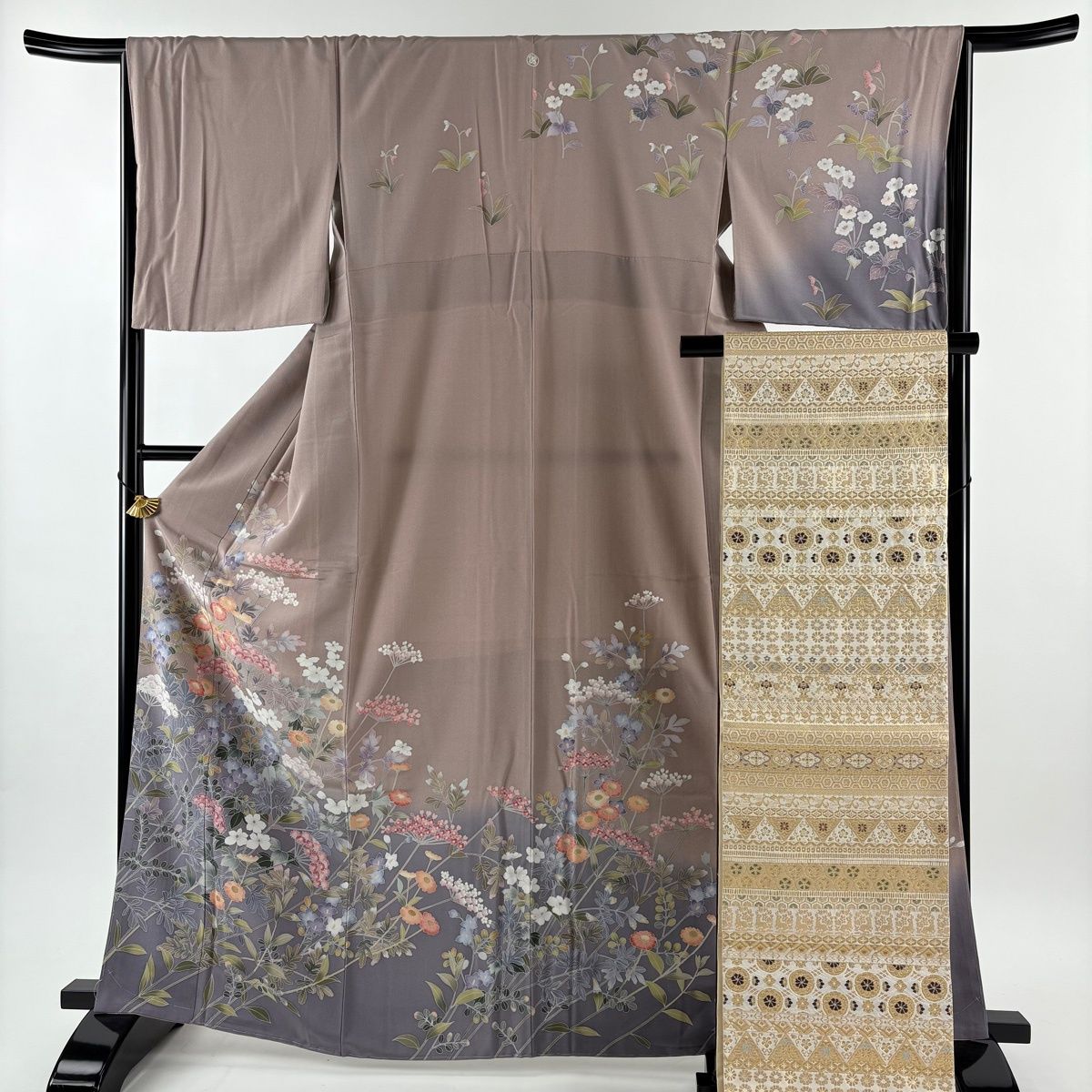 訪問着 身丈165 5 cm 裄丈66 M 袷 袋帯セット 落款 草花 染め分け ぼかし 灰紫 正絹 名品 一つ紋