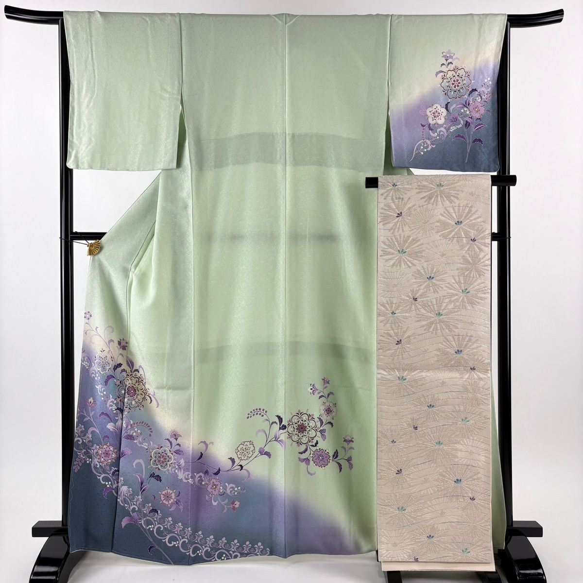 付下げ 身丈166 5 cm 裄丈64 M 袷 袋帯セット 華文 草花 金彩 ぼかし 薄緑 正絹 名品