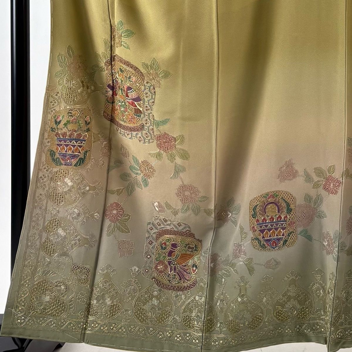 訪問着 身丈160 5 cm 裄丈64 M 袷 袋帯セット 向かい鳥 草花 刺繍 金糸 鶯色 正絹 秀品