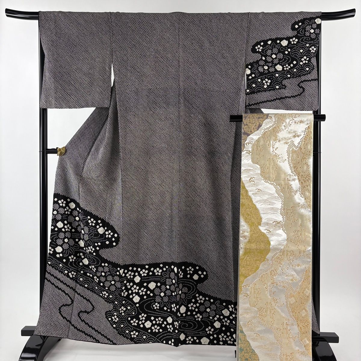 訪問着 身丈162 cm 裄丈67 M 袷 袋帯セット 草花 流水 絞り 黒灰 正絹 秀品