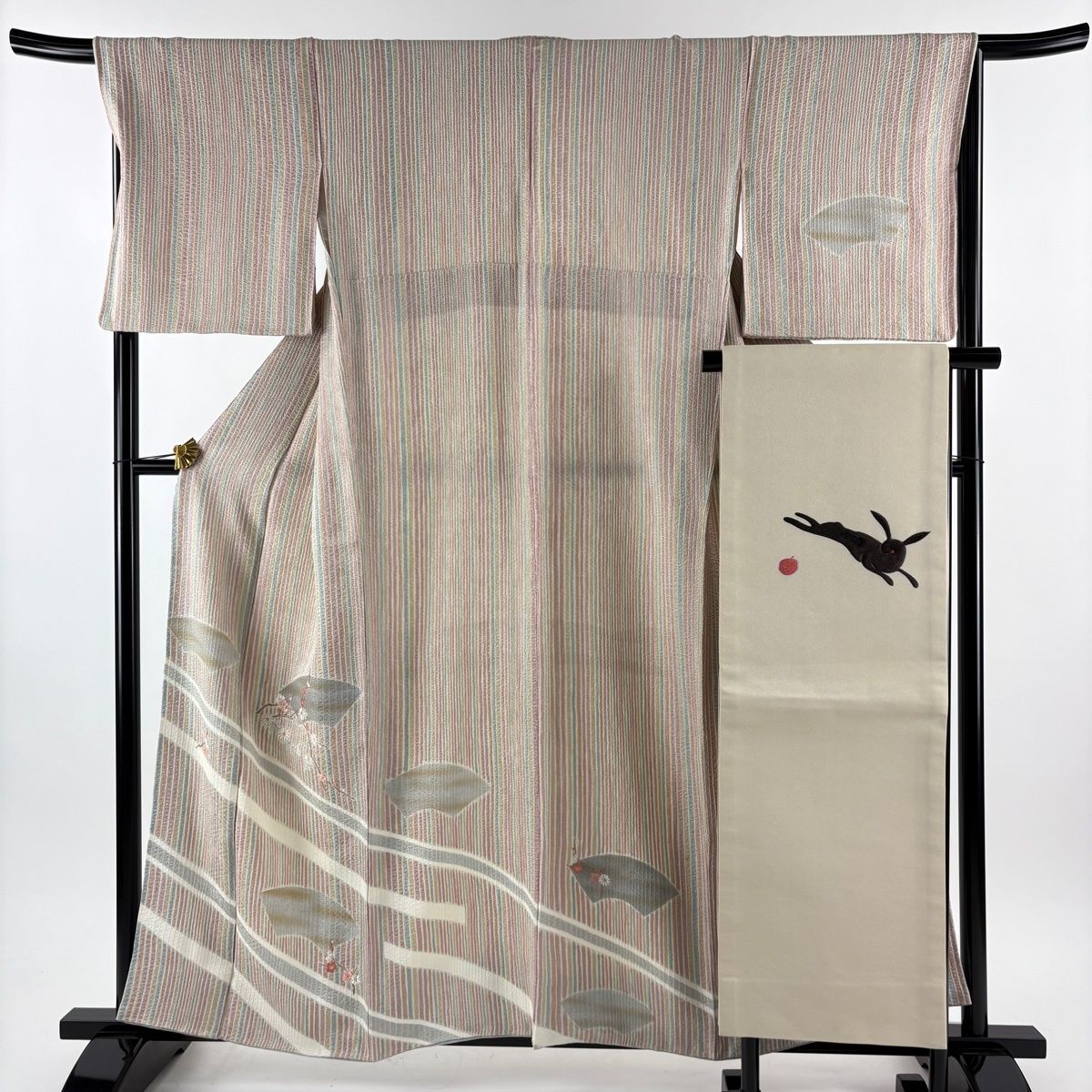 付下げ 身丈158 5 cm 裄丈67 L 袷 名古屋帯セット 枝梅 扇面 刺繍 金銀彩 紫 正絹 秀品