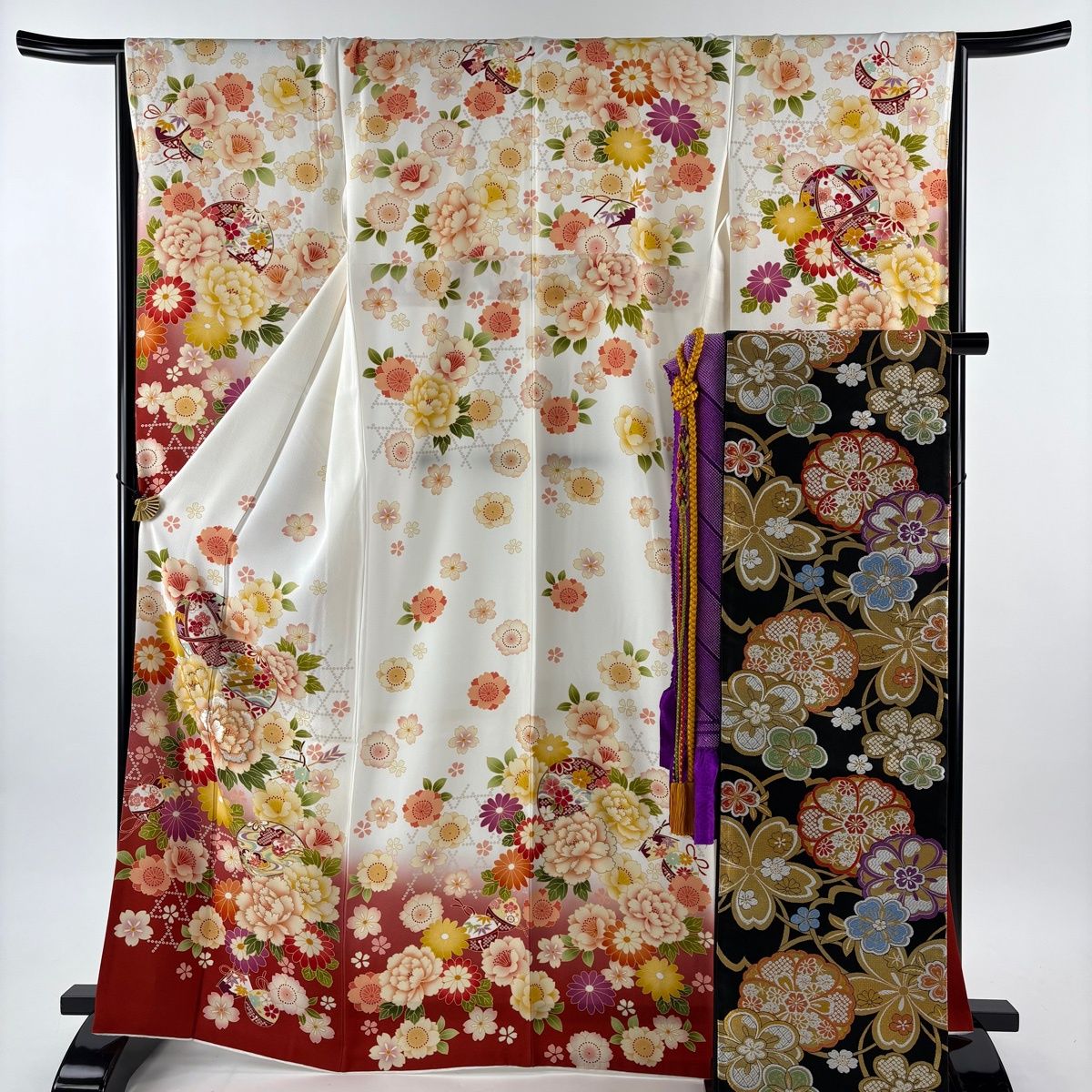 振袖 身丈167 cm 裄丈66 5 M 袷 袋帯フルセット 手鞠 牡丹 金糸 金彩 灰白 正絹 名品