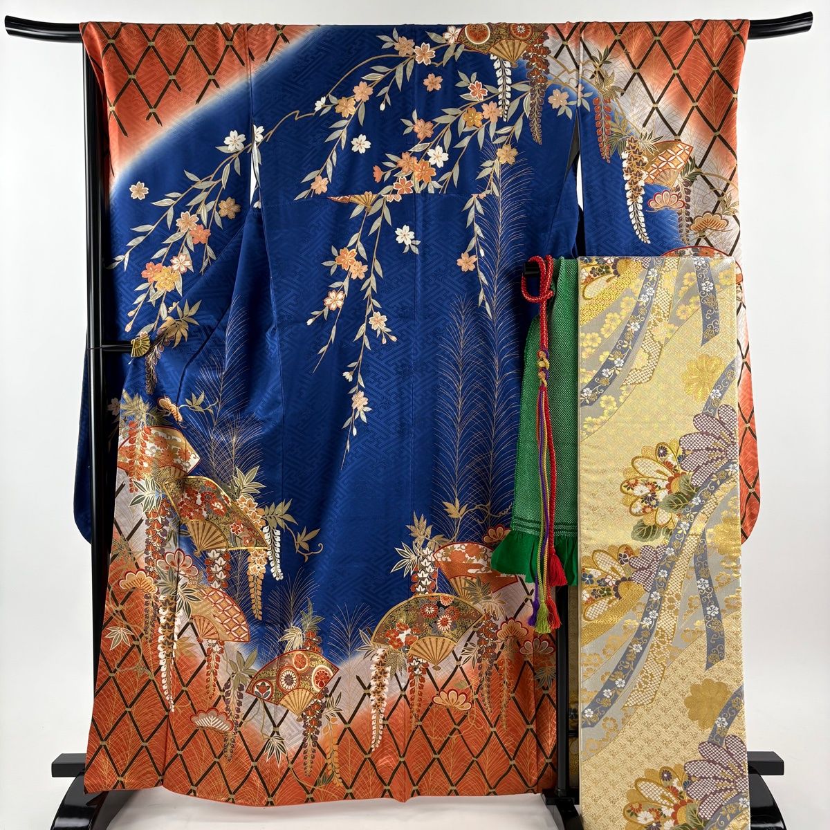 振袖 身丈164 5 cm 裄丈69 L 袷 袋帯フルセット 扇 草花 金糸 金彩 青 正絹 秀品