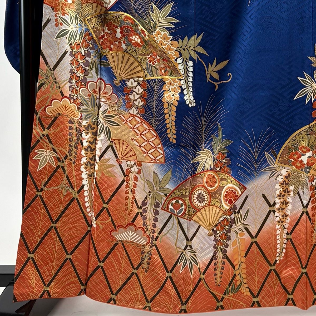 振袖 身丈164 5 cm 裄丈69 L 袷 袋帯フルセット 扇 草花 金糸 金彩 青 正絹 秀品