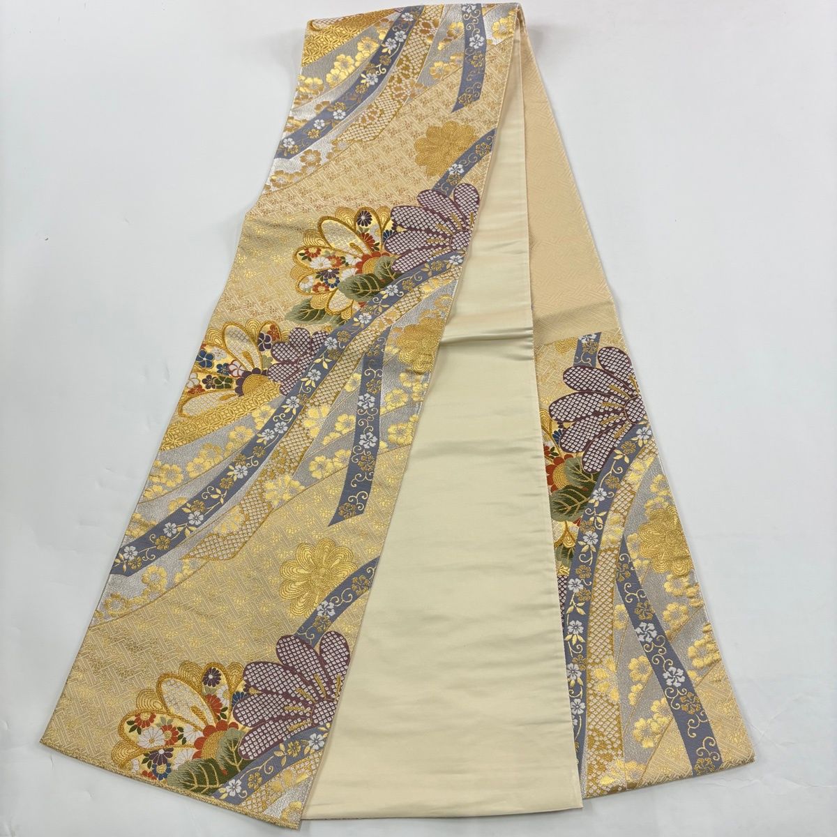 振袖 身丈164 5 cm 裄丈69 L 袷 袋帯フルセット 扇 草花 金糸 金彩 青 正絹 秀品 振袖 着物