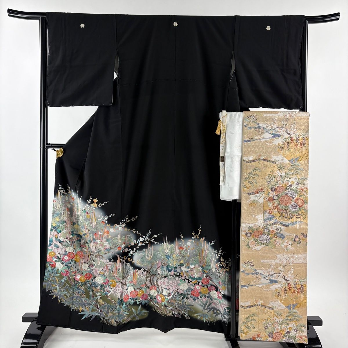 黒留袖 身丈164 cm 裄丈64 M 袷 袋帯フルセット 七宝加賀 落款 松竹梅 鳥 ぼかし 黒 正絹 秀品