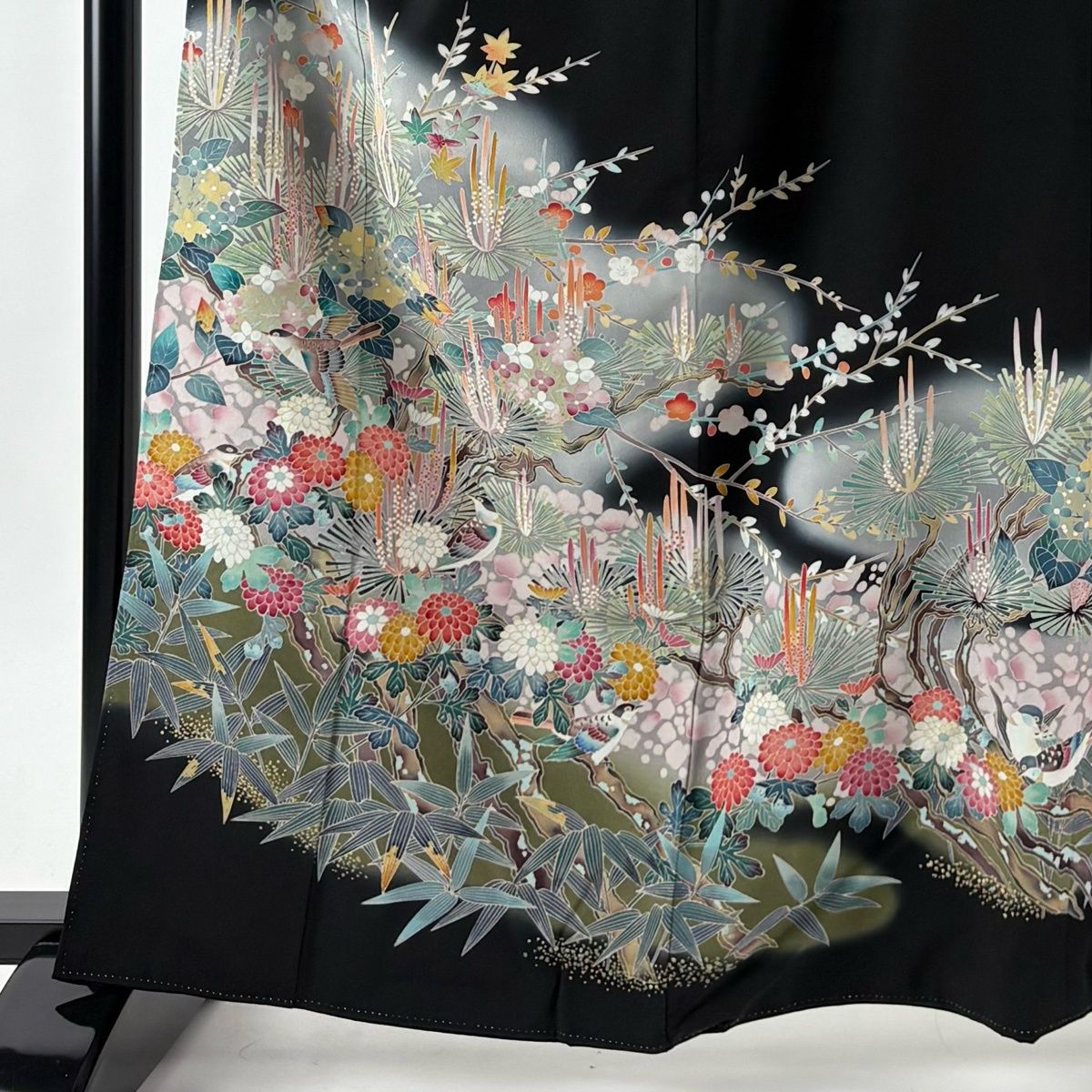 黒留袖 身丈164 cm 裄丈64 M 袷 袋帯フルセット 七宝加賀 落款 松竹梅 鳥 ぼかし 黒 正絹 秀品
