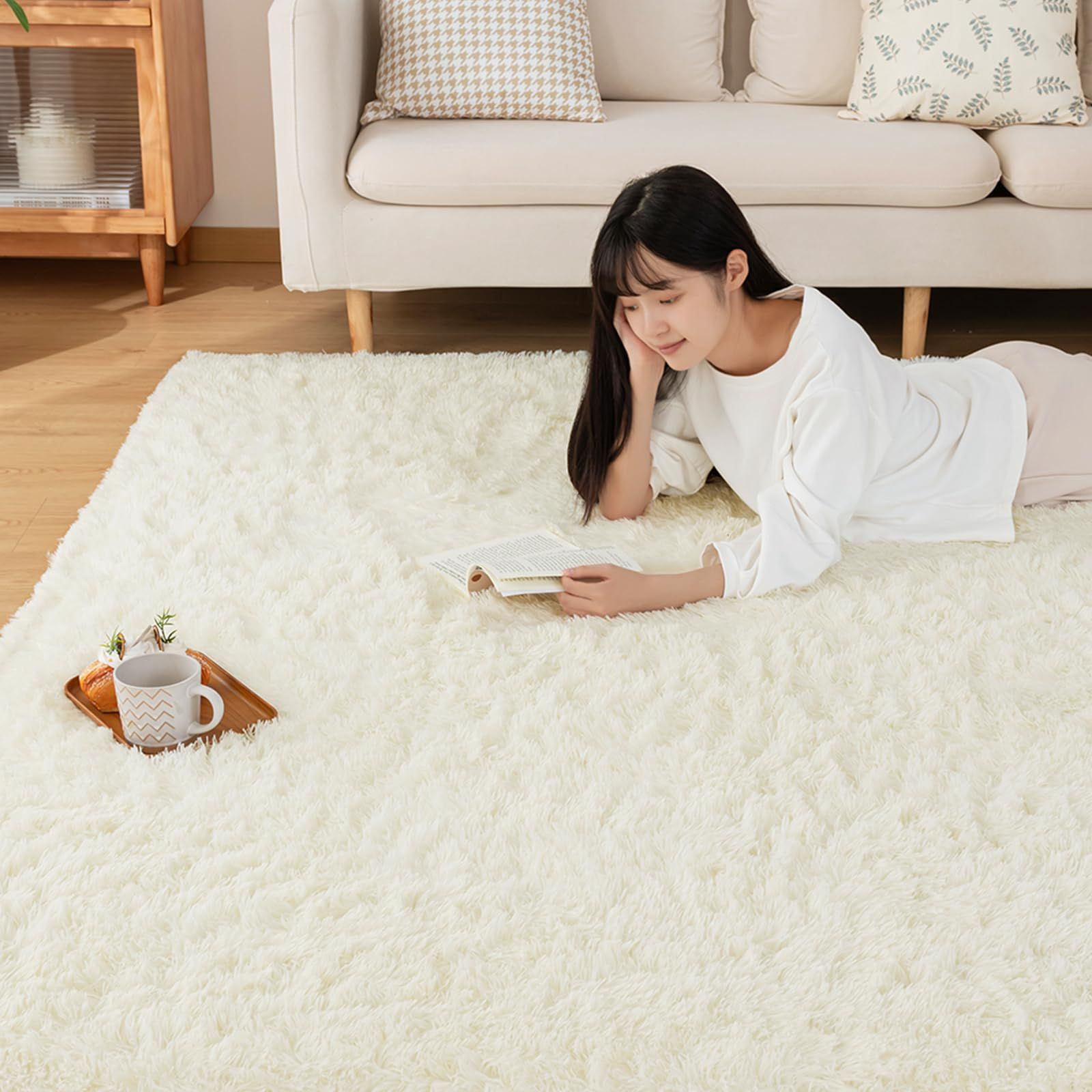 Sun Deco ラグ カーペット シャギーラグ 長方形 約3畳 200 250 cm 洗えるラグ ラグマット 滑り止め 防音絨毯 ふわっと手触り オールシーズン リビング用 じゅうたん 柔らかい アイボリー 約3畳200 WF I 024 20