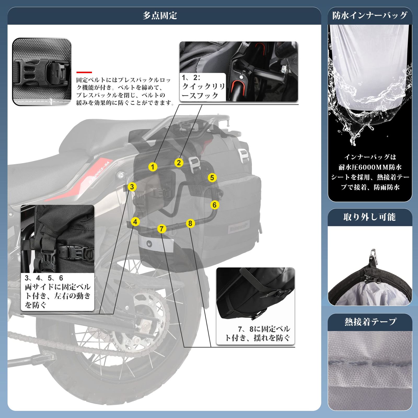  Rhinowalk バイク用サイドバッグ 防水 20 L大容量 オフロード アドベンチャー用 ソフトパニアバッグ 軽量 クイックリリース キャンプ ツーリングバッグ 反射テープ付き 片側 汎用 取り付け簡単 ブラック その他 文房具 事務用品