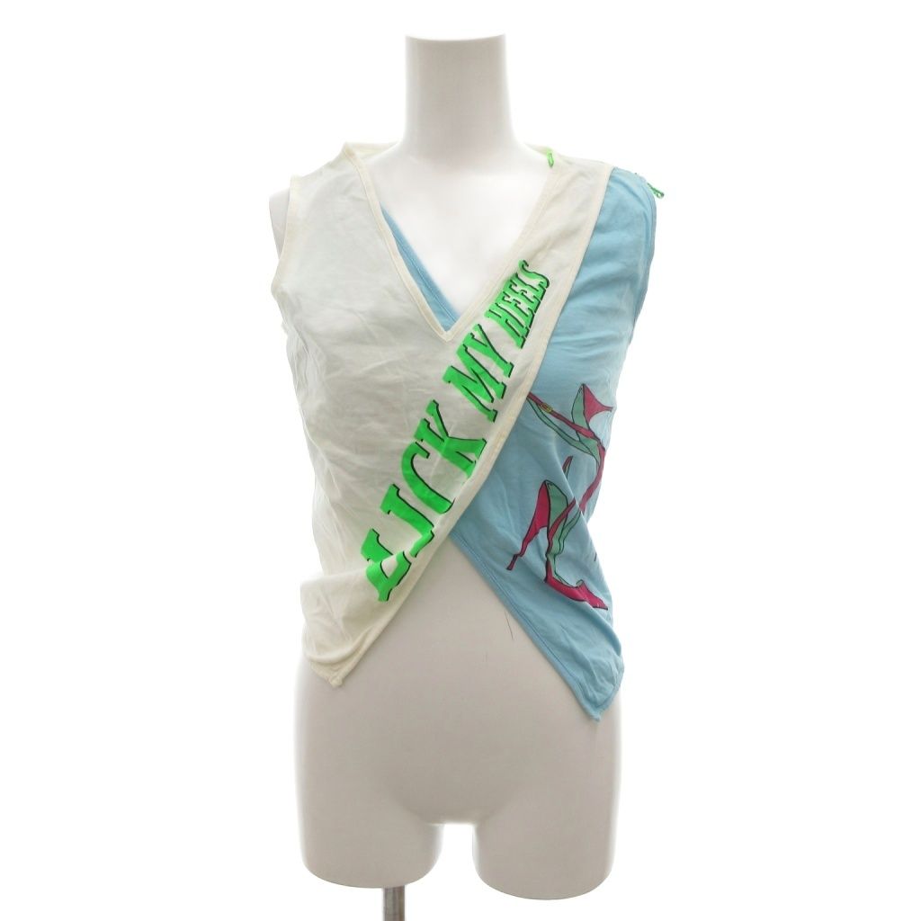 ディー ジー ドルガバ ドルチェ ガッバーナ D G ノースリーブカットソー カシュクール 38 白 ホワイト 水色 ラップデザイン Vネック ハイヒールプリント KR GY 58