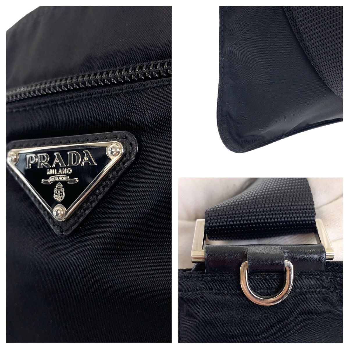 美品 PRADA プラダ テスート 三角ロゴプレート ブラック 黒 シルバー