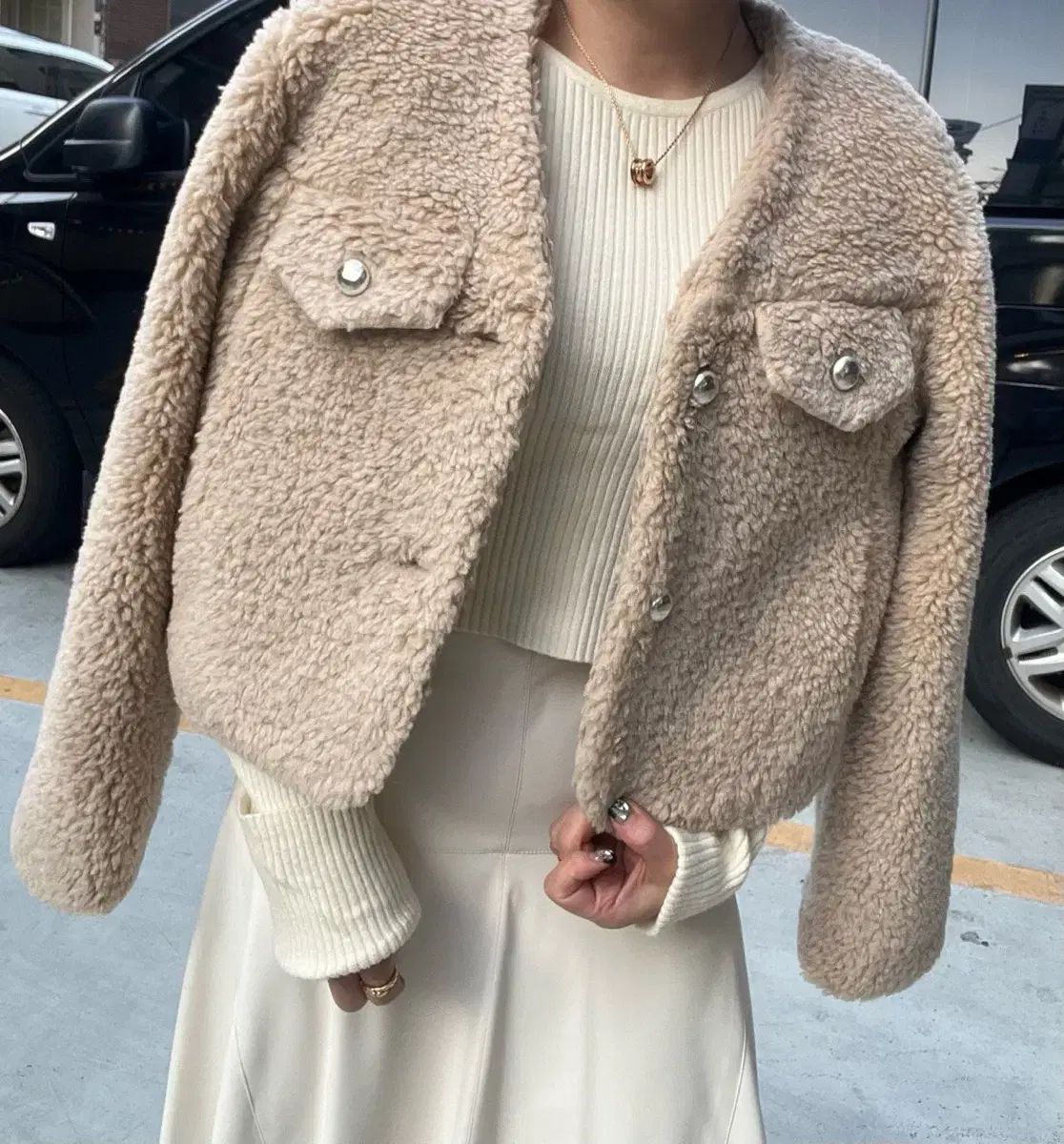 js YORK スター Vネック シルバー ベージュ ボア ジャケット