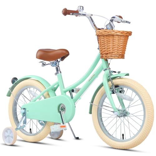 Glerc Little Molly 14 16 18インチ女の子子供用自転車 可愛いレトロキッズバイク 幼児小学生低学年3?10歳 手編み天然藤前かご 取り外し補助輪 フェンダー泥除け付き キックスタンド 多色 m