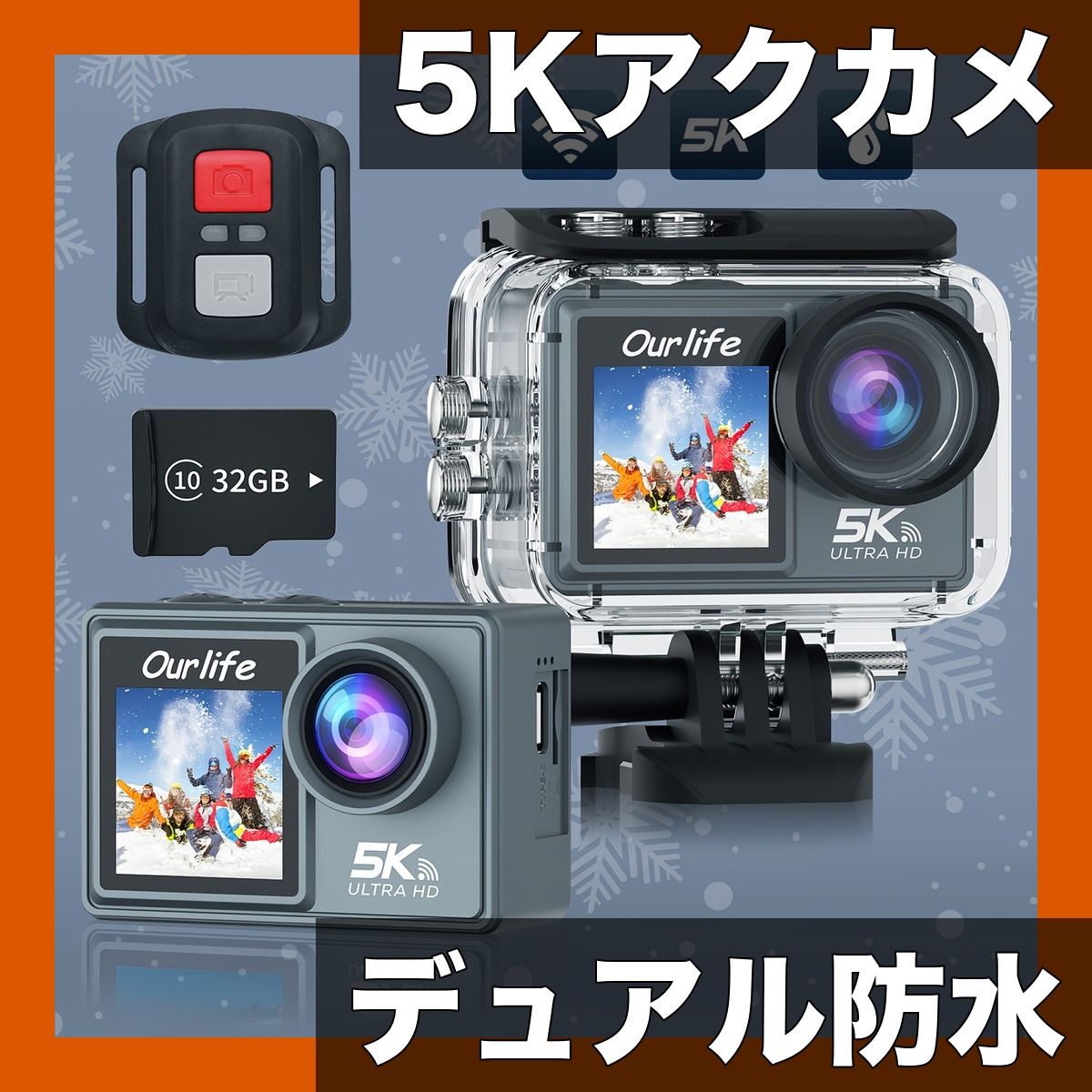 5 K高画質＆防水 デュアルスクリーン アクションカメラ WiFi搭載 TFカード対応 リモコン付き 水中撮影 アウトドア スポーツに最適 プレゼントにも ブラック32 GB