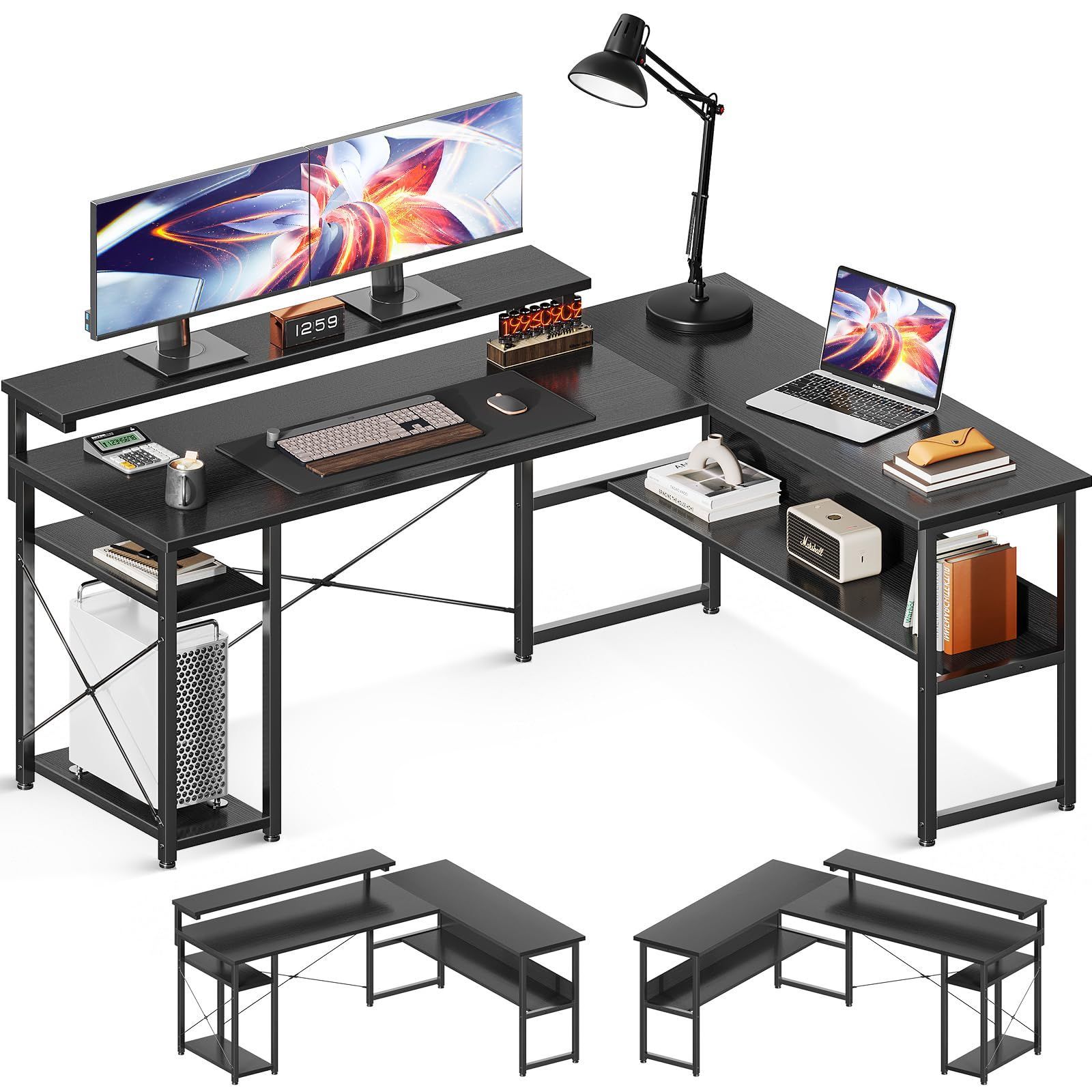 ODK パソコンデスク l字デスク 幅155 ゲーミングデスク デスク 机 棚付き pcデスク コーナーデスク 収納 エル字デスク 3段階モニター台付き オフィスデスク 仕事用 在宅勤務 組立簡単 ブラック
