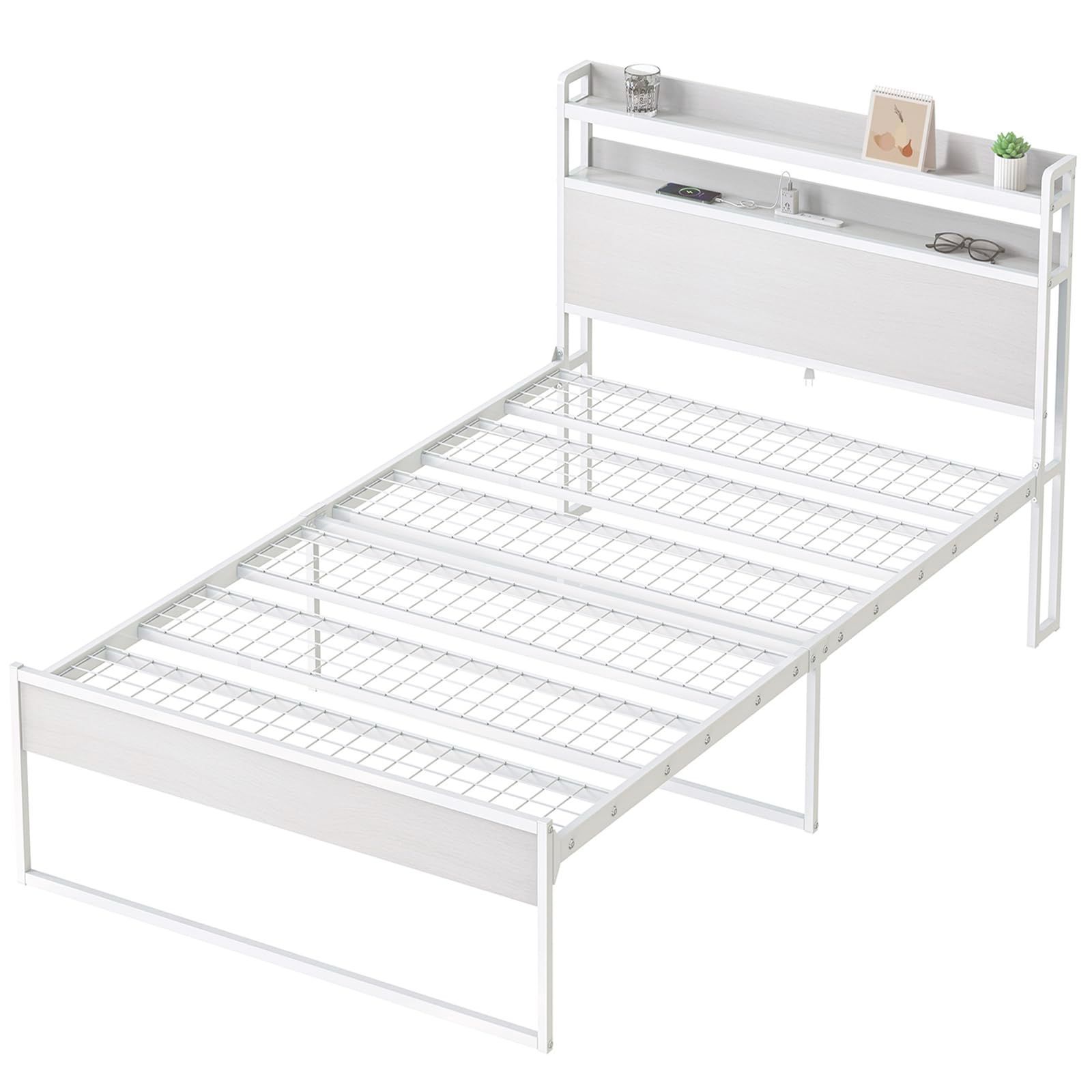 在庫 高耐荷重 収納付き スチールベッド パイプベッド シングルベッド カビ防止 2段宮棚付き アイアン ベッドフレーム 脚付き フレームのみ USB ２口コンセント 頑丈 木製 SINNONAKA ホワイトウォッシュ ホワイト