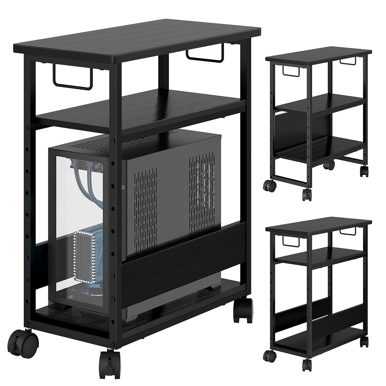 在庫 ブラック 幅60 奥行30 高さ70 cm 移動便利 ストッパー付き 収納棚 デスクサイドワゴン 木製 パソコン収納 棚板高さ調節 デスクワゴン キャスター付き CPUワゴン 複合機ラック PCワゴン パソコンワゴン MIYOKI