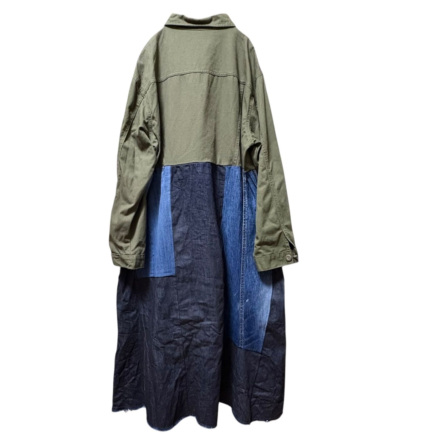 古着リメイク ワンピース カーキジャケット×デニムパッチワーク