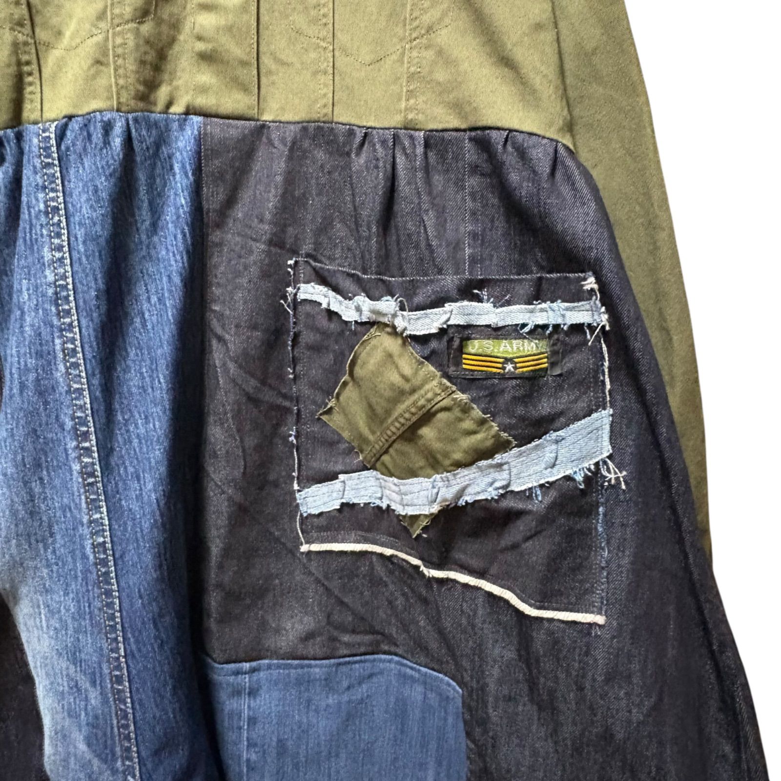 古着リメイク ワンピース カーキジャケット×デニムパッチワーク