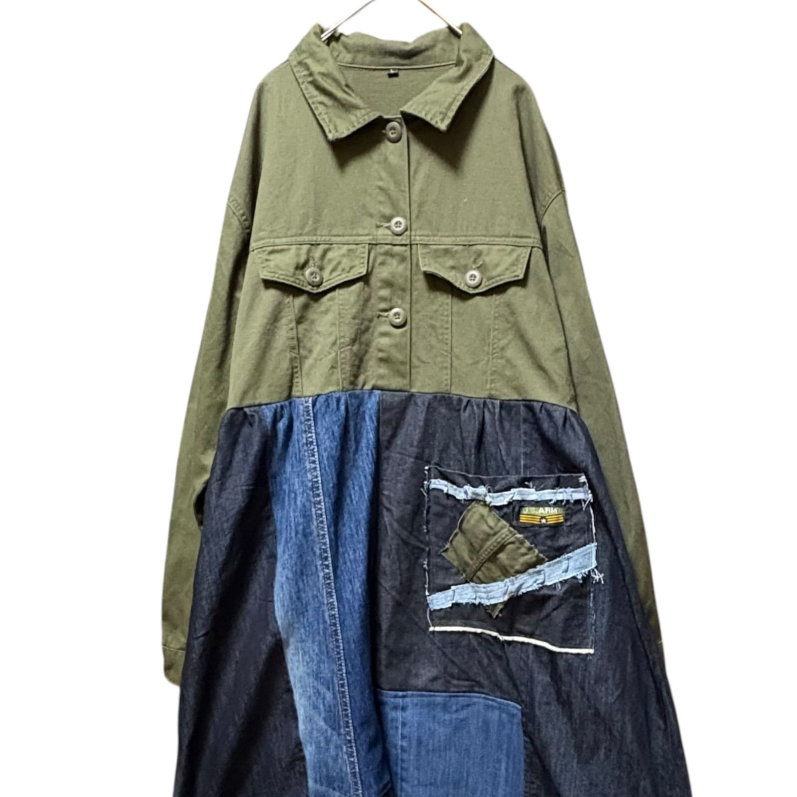 古着リメイク ワンピース カーキジャケット デニムパッチワークスカート L〜LL対応 高身長向け 一点もの