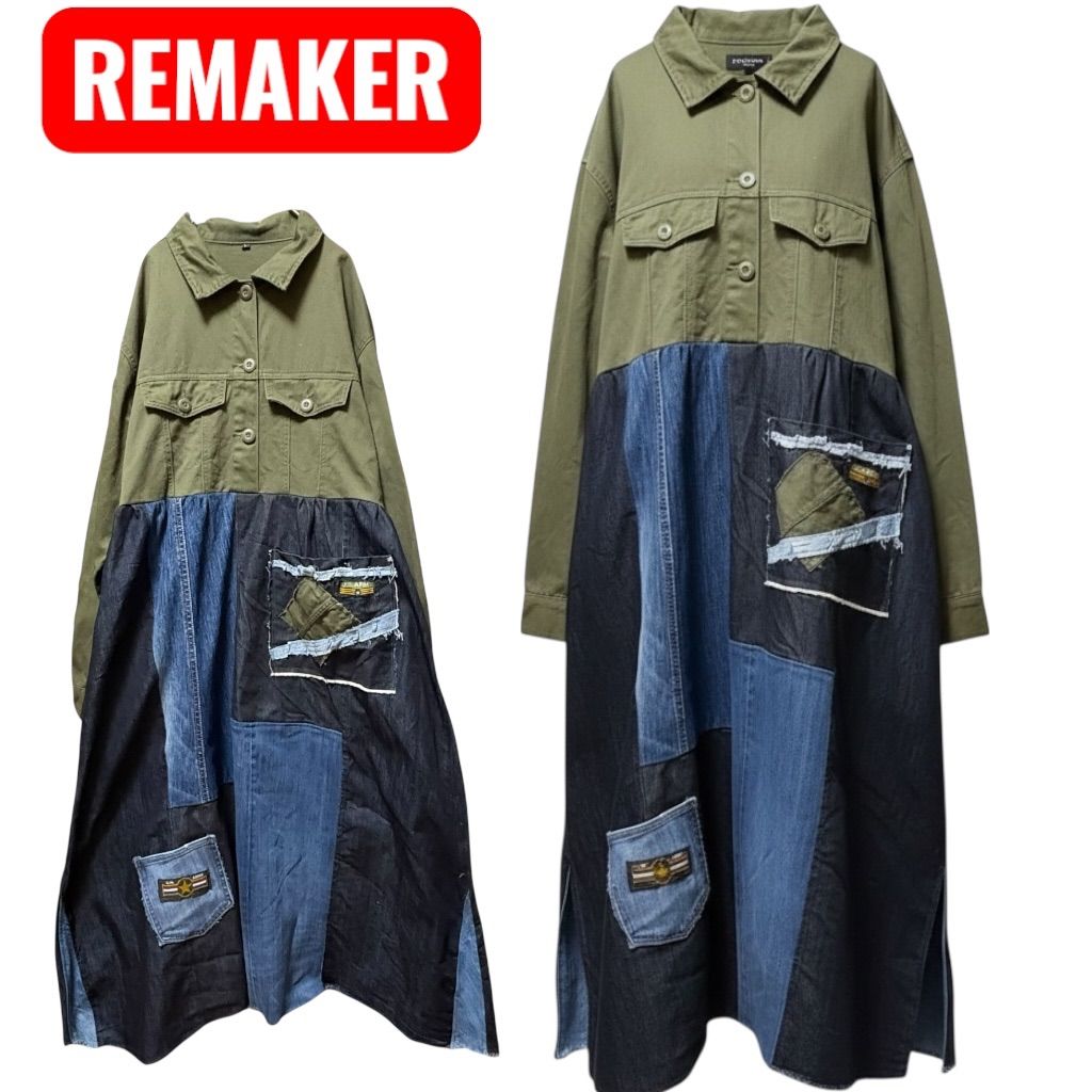古着リメイク　ゆったりオリーブカーキパーカーと３段ティアードパッチワークワンピ クリフメイヤー[公式] カット×布帛リメイク風ワンピース LADYS