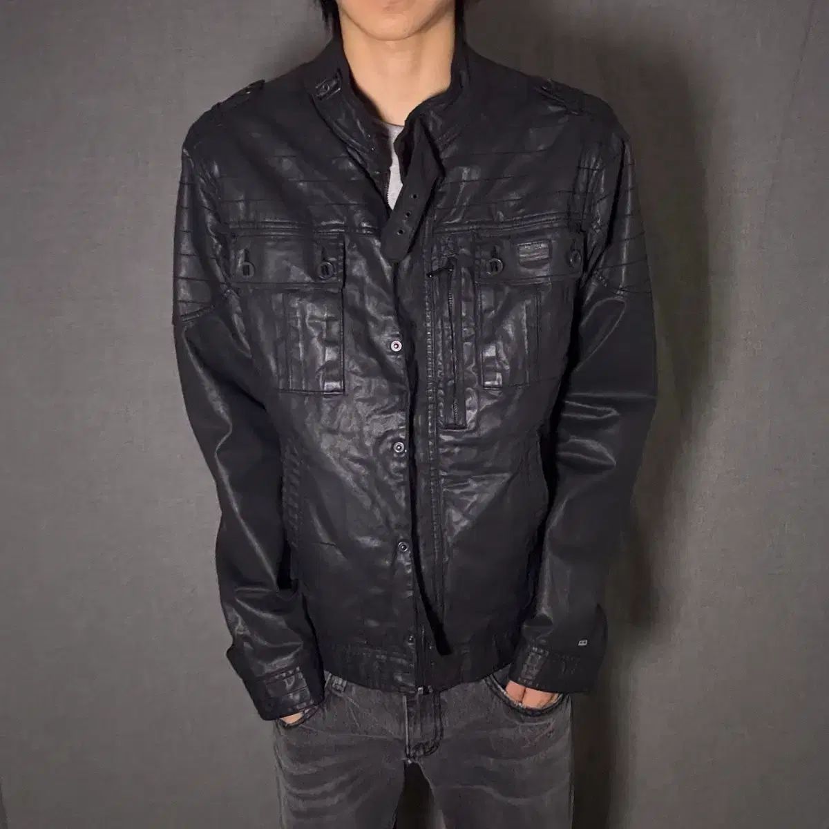 ブラック コーティングデニム ポケット ジャケット