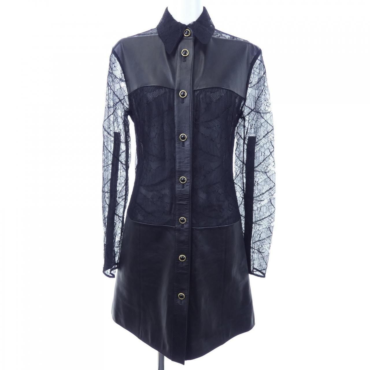 ルイヴィトン LOUIS VUITTON フェザーレースアンドレザーシャツ ワンピース