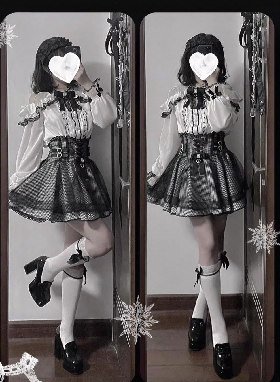 ?3店セット?ロリータ ゴスロリ 甘ロリ 地雷系 量産型 セットアップ 長袖 ブラウス レース 露出肩 千鳥格子 コルセット風 ウエストマーク ミニスカート サブカルチャー 韓国 ファッション Y 2 K サブカル ロリィタ 界隈 姫系 エンジェルコア