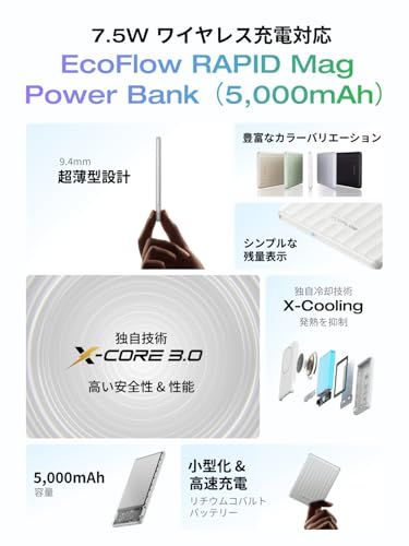 EcoFlow RAPID Mag 5000 mAh 7 5 W マグネット式ワイヤレス充電対応 2台同時充電 小型 軽量 強力マグネット 汚れにくい材質 過熱防止 LED残量表示 iPhone 12 16シリーズ 機内持ち込み可 ホワイト m
