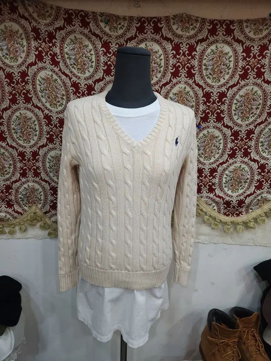 POLO RALPH LAUREN ポロラルフローレン アイボリー Vネック ケーブル編み コットン ニット