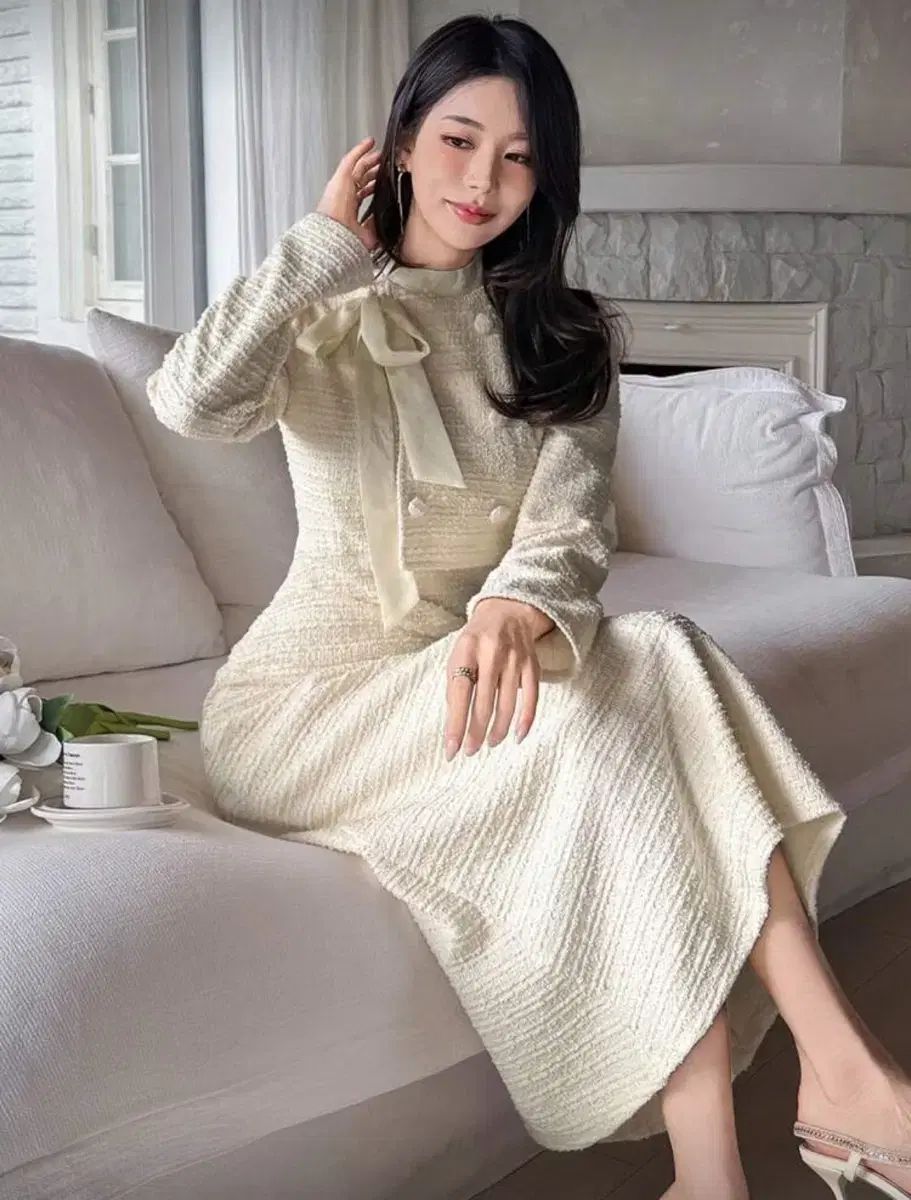 アイボリー リー リボン ツイード ロング ONE PIECE