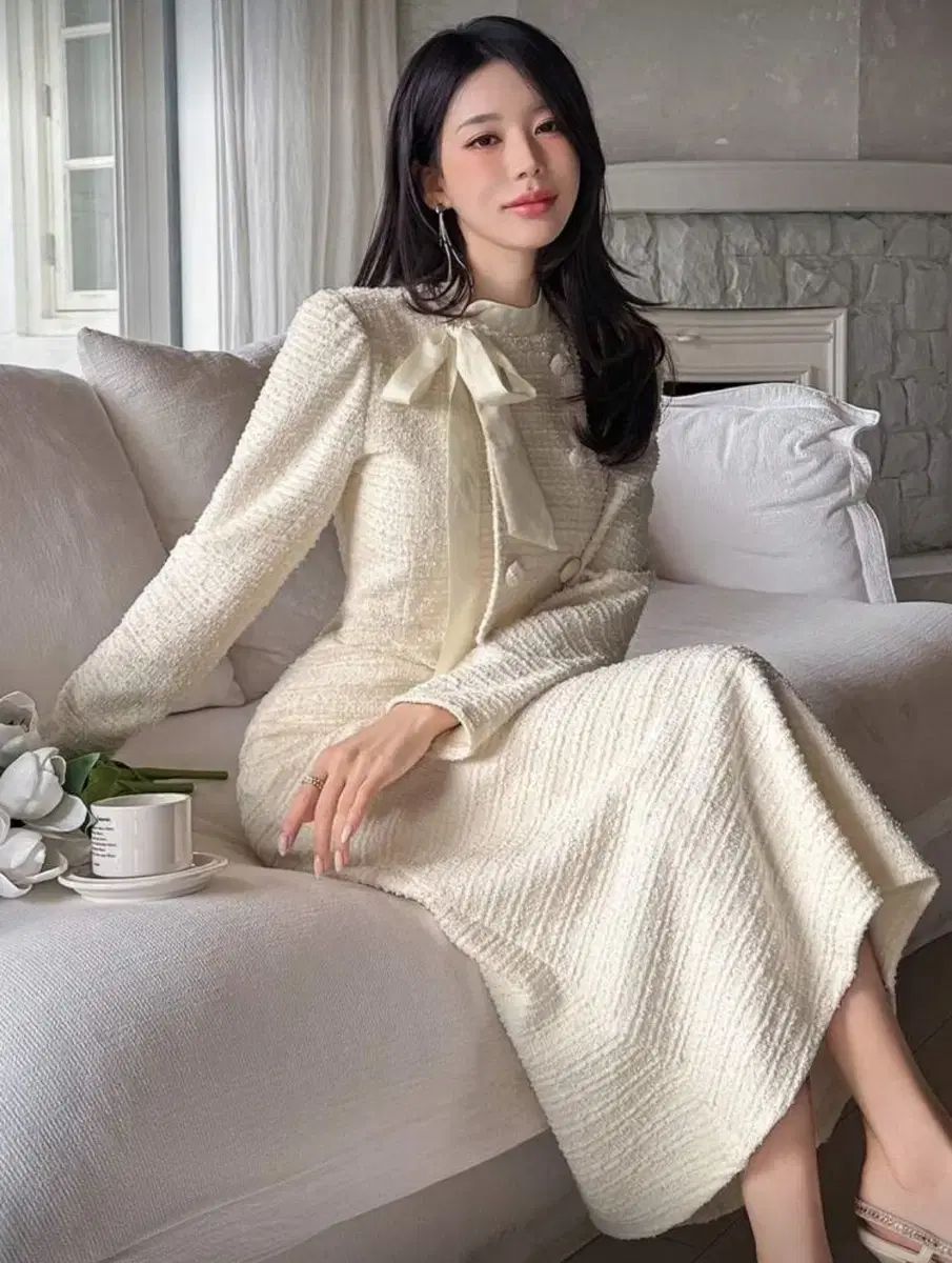 アイボリー リー リボン ツイード ロング ONE PIECE