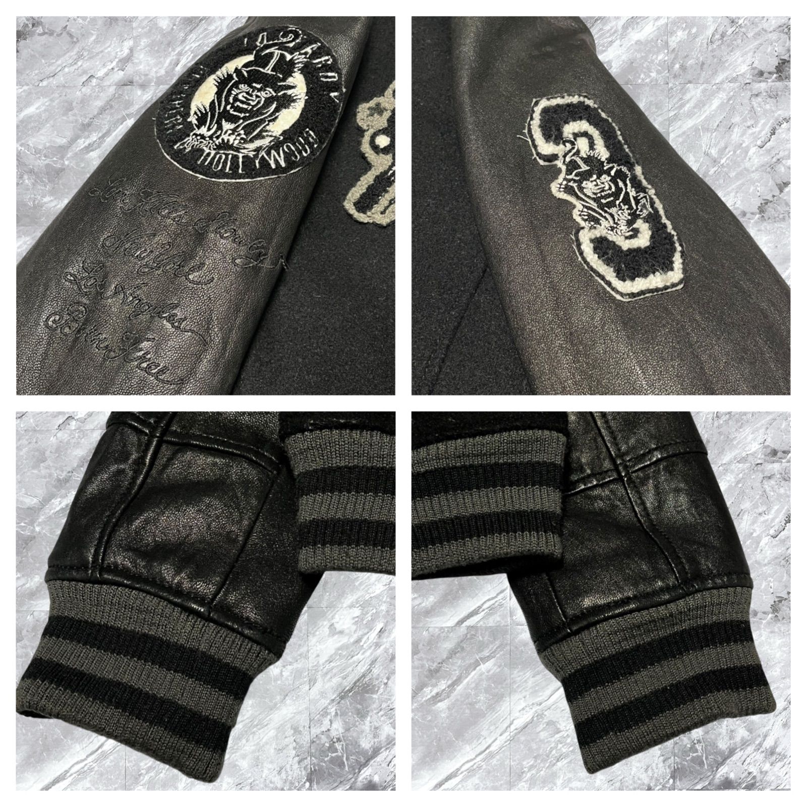 Ed Hardy エドハーディー スタジャン ウール レザー 本革 切り替え 