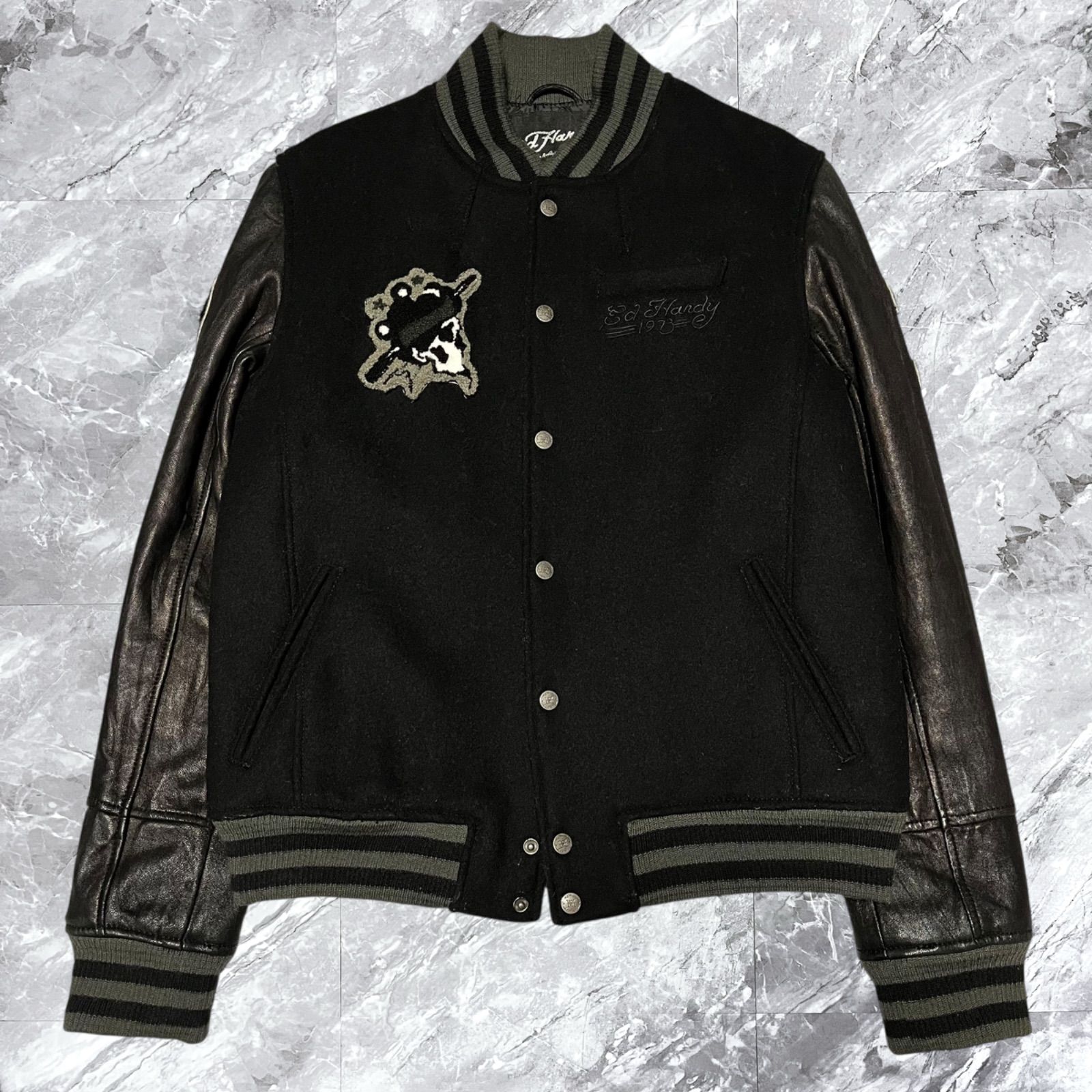 Ed Hardy エドハーディー スタジャン ウール レザー 本革 切り替え 