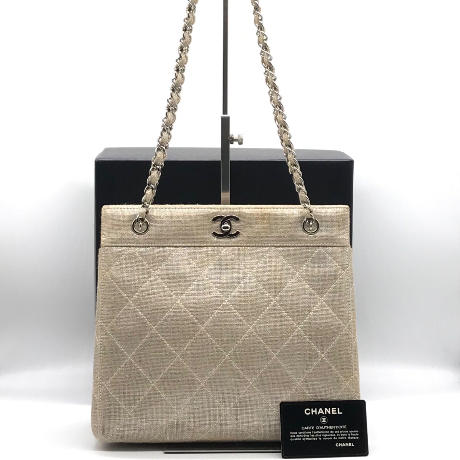 シャネル リネン キャンバス チェーン ショルダーバッグ ハンドバッグ