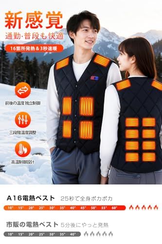 Czlyxo 電熱ベスト 加熱ベスト 16箇所発熱 40800 mAhバッテリー付き ヒーター 日本製繊維ヒーター 加熱服 USB DC給電 電熱ジャケット 前後独立スイッチ メンズ レディース 3段階温度調整 伸縮性 速暖 保 16 a 3 b 5 8