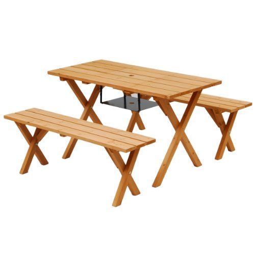 迅速に発送 ガーデンマスター Gardenmaster ガーデンテーブル-ベンチ 3点セット テーブル1点-ベンチ2点セット 天然木杉材 パラソルホール付 コンロ台付 お庭 ベランダ テラス バルコニー PTS-1207 BS