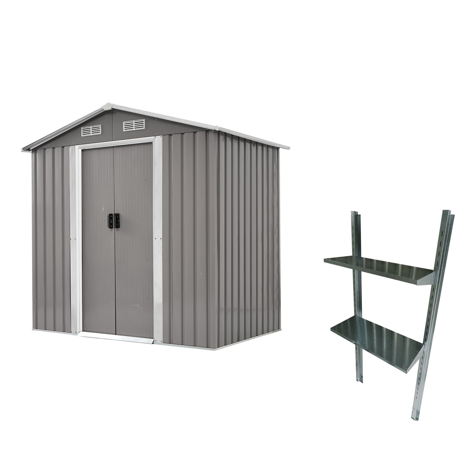 可動棚付き 物置 屋外 スチール 倉庫 戸外収納庫 幅184 奥行き132 高196 cm 物置き おしゃれ 大型 収納庫 屋外物置 防さび ベランダ 防水 ドア 引戸 スチール物置 屋外収納 ロック付き ガーデニング 庭 グレー