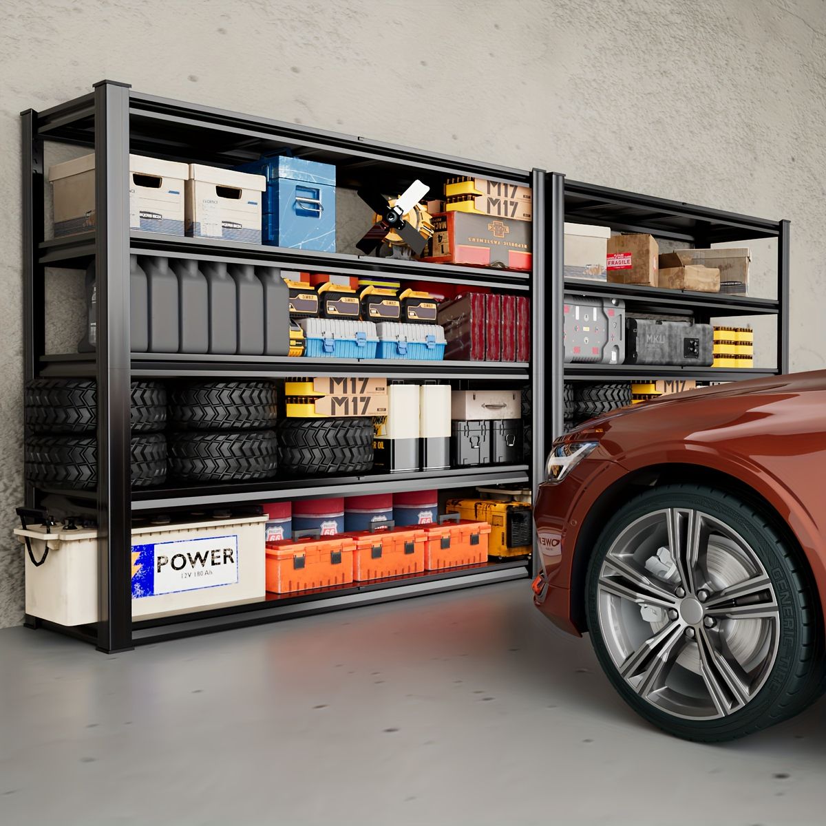 耐荷重500 kg超 頑丈なスチール製 用 収納ラック 幅150|奥行50|高さ200 cm 工具|タイヤ|フィットネス器具の整理に ガレージ|倉庫|修理工場に最適