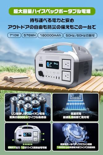 HIKARI ポータブル電源 576 Wh 180000 mAh 定格出力710 W PD 100 W急速充電 1 9時間フル充電 リン酸鉄 防災 家庭用 アウトドア 車中泊 弦波 AC V 50 Hz 60 Hz対応 LEDライト 5 WAY充 97 c 74 eb 7