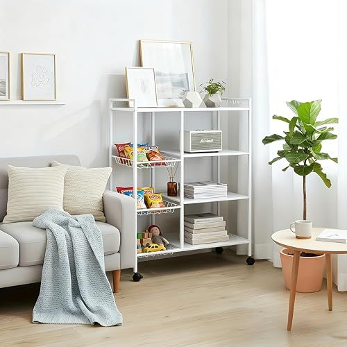 FRSTONE レンジラック キッチンラック 高さ調節 幅80 cm 大型レンジ対応 大容量 キッチン収納 スチール 食器棚 多機能 収納バスケット キャスター付き 棚 耐荷重100 kg 組み立て簡単 省スペース お手入れ簡単 錆び防止 耐 e 39 ae 2 df