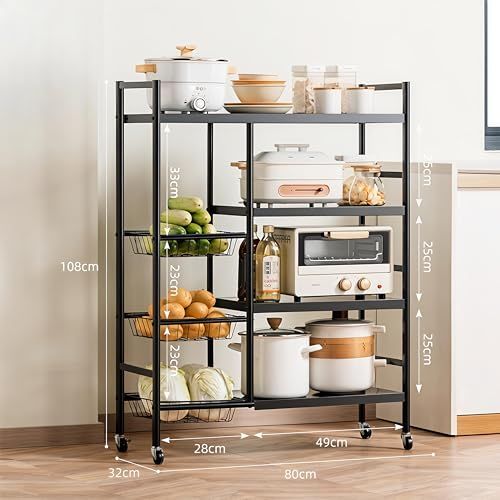 FRSTONE レンジラック キッチンラック 高さ調節 幅80 cm 大型レンジ対応 大容量 キッチン収納 スチール 食器棚 多機能 収納バスケット キャスター付き 棚 耐荷重100 kg 組み立て簡単 省スペース お手入れ簡単 錆び防止 耐 e 39 ae 2 df