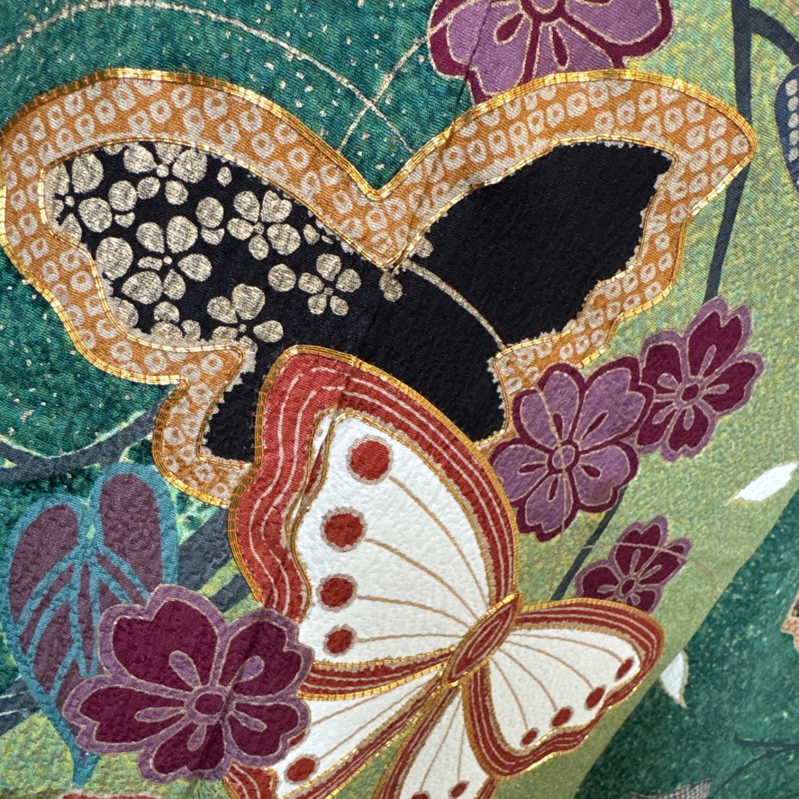  豪華振袖フルセット 4点 袋帯 長襦袢 半衿 古典柄 舞蝶 金駒刺繍 枝垂れ桜 共八掛 唐草 振袖 着物