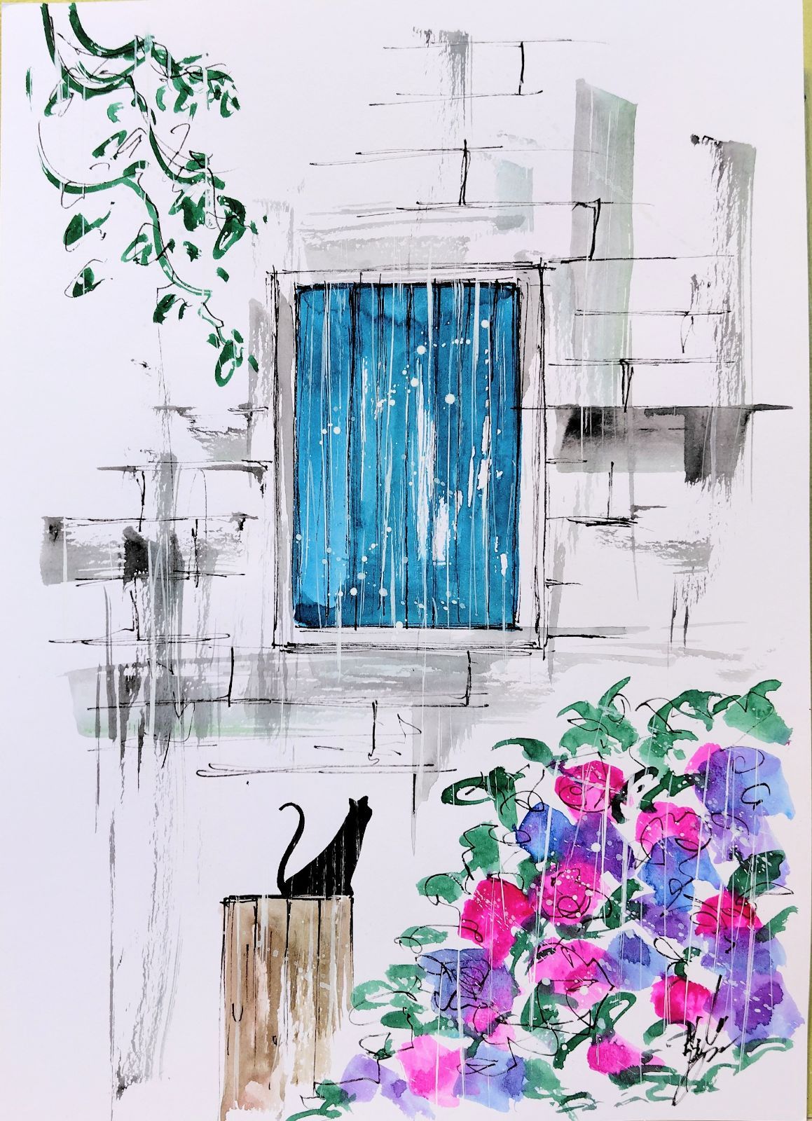 原画#190 黒猫 紫陽花 雨 フランス 水彩画 ドローイング インテリア