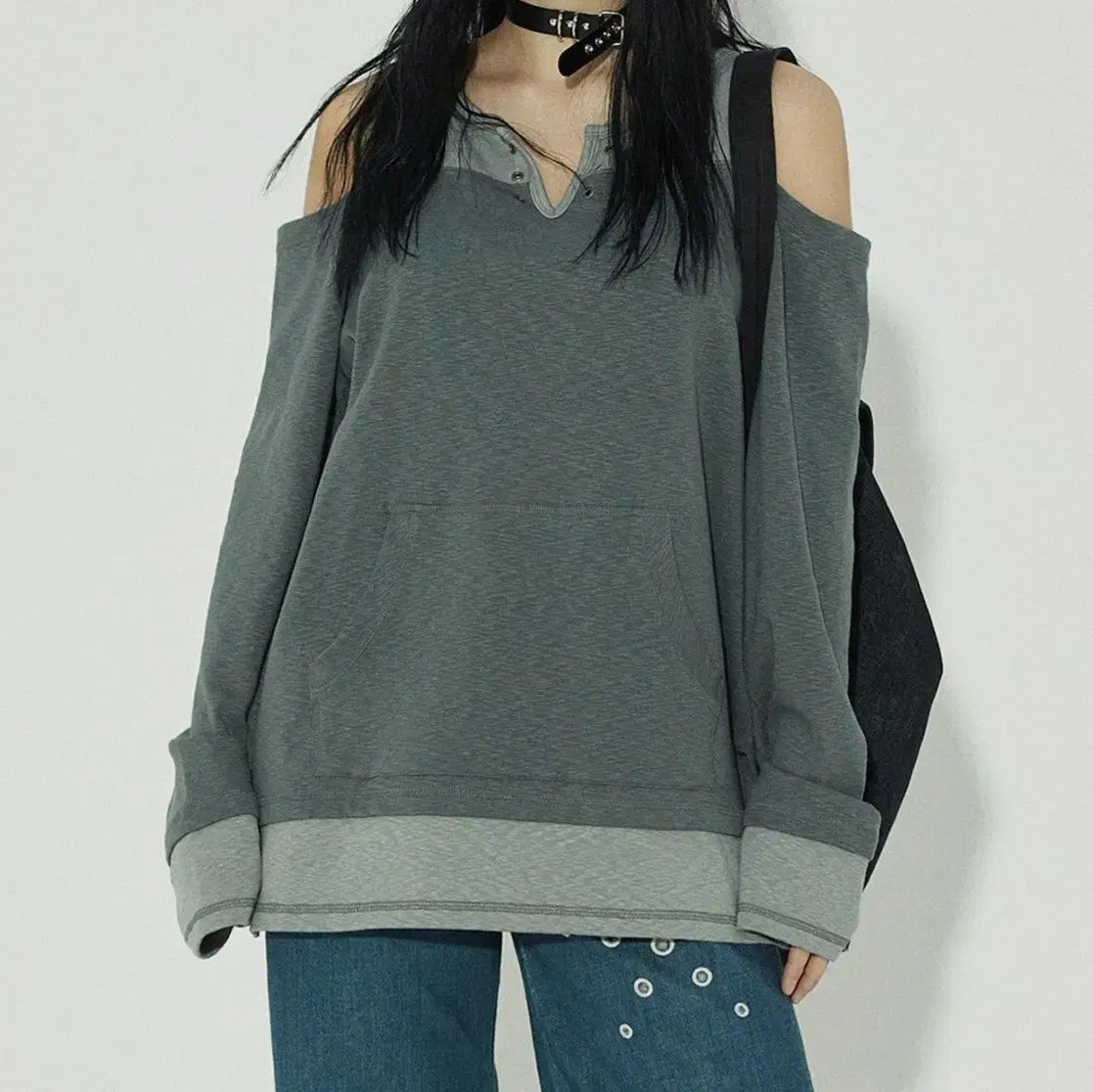 スチール リー オーバ OFF ショルダー スリーブ Tシャツ グレー