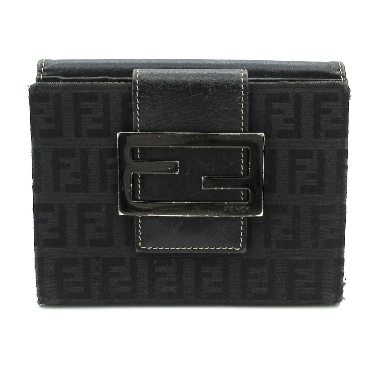 【未使用品】FENDI Wホック 二つ折り財布 ズッカ 茶×黒 キャンバスレザー フェンディ FENDI 財布 二つ折り Wホック ズッカ 茶色 カーキ 黒 小物
