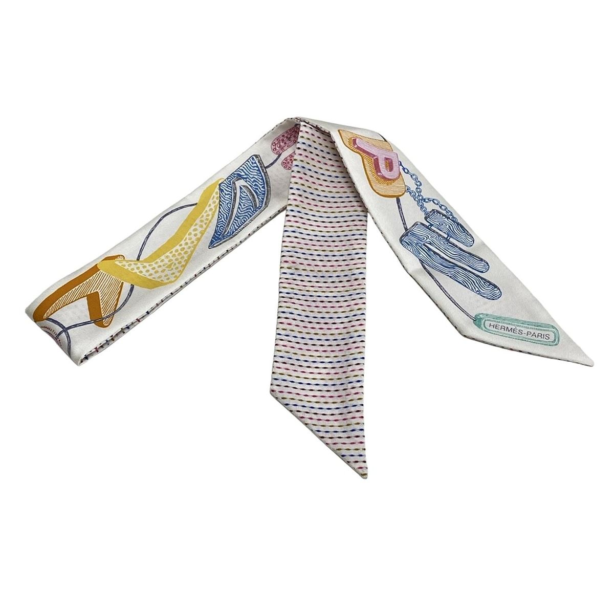 HERMES エルメス スカーフ ツイリー 白 オレンジ マルチ リボンスカーフ